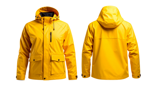  Outdoor yellow rain jacket with hood isolated on transparent background - Powered by Adobe