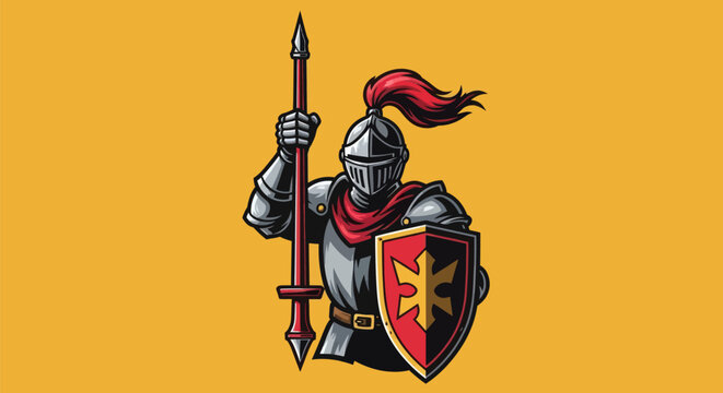 A medieval knight in full armor, holding a spear and shield with a crest, on a yellow background