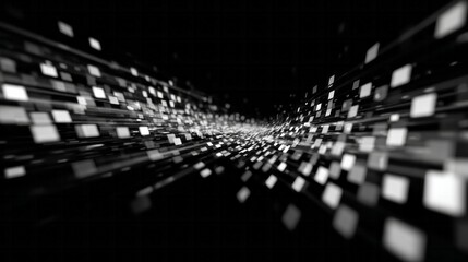 Numerous glowing square elements stream forward in abstract digital motion