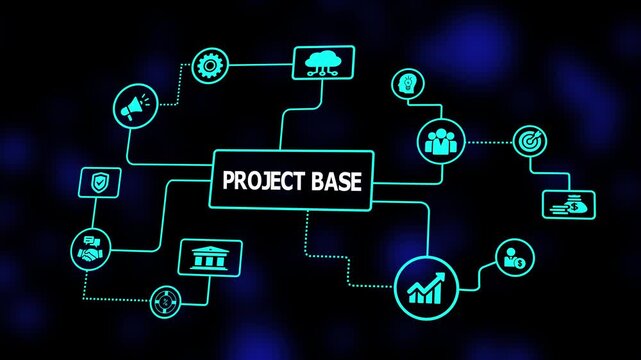 A project base visualization created with glowing network icons representing planning, milestones, resource allocation, and structured project coordination.