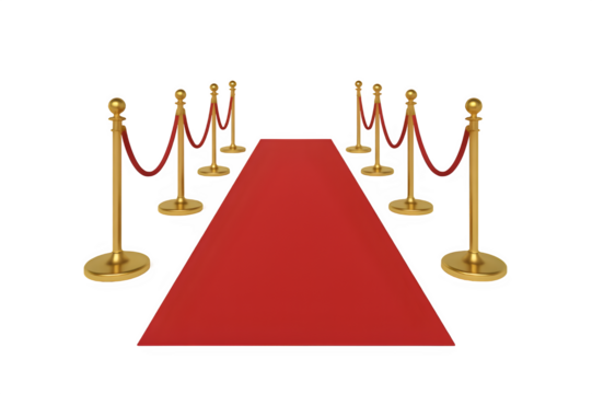Elegant red carpet entrance with golden stanchions against a for vip events on transparent background