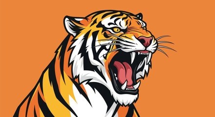 Fierce tiger illustration, roaring with sharp teeth and open mouth, orange background