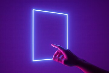 Human hand interacting with glowing geometric shape in violet neon background Concept of technology virtual reality and innovation