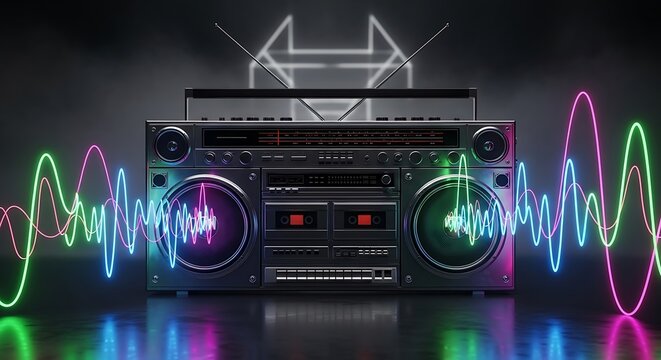 Retro Boombox with Neon Sound Waves and Abstract Background.