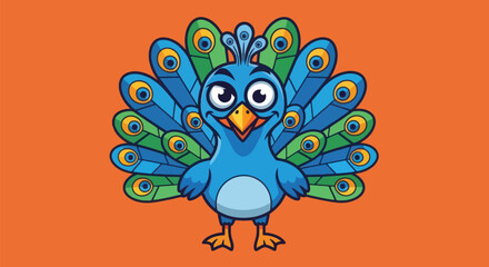 A friendly peacock with spread tail, against an orange background. Cartoon style