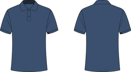 Polo shirt vector, navy blue, front back view, short sleeve, fashion CAD, flat sketch, apparel design, clothing illustration