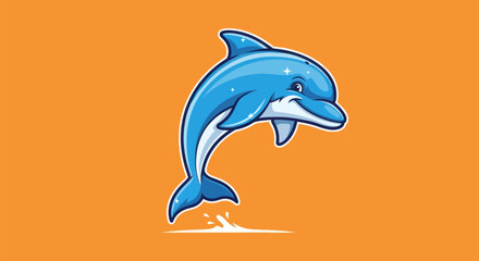 A cartoon dolphin leaps upward from water, against an orange background