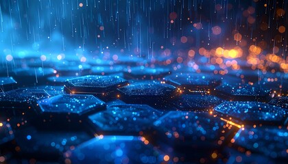 Digital abstract of interconnected hexagonal shapes bathed in blue and orange light, with glowing particles and vertical lines, creating a futuristic atmosphere