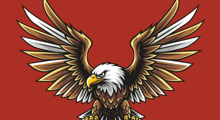 Stylized illustration of a bald eagle with outstretched wings against a red background