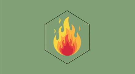 A fire icon, in red, orange, and yellow hues, is enclosed within a hexagonal frame on a green background