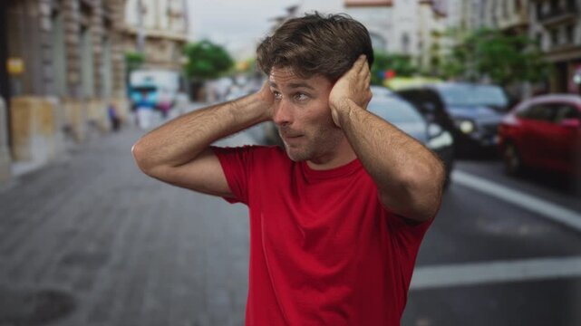 Young hispanic man in red t shirt covering ears with hands amid busy downtown street traffic and honking cars; noise overload annoyance.