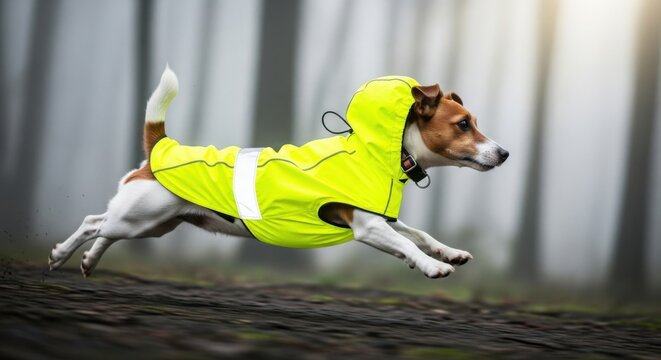 Jack Russell Dog Wearing Neon Yellow Raincoat Running and Jumping Outdoors