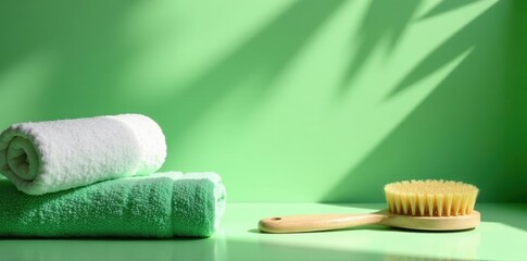 Spa bathroom, green palm shadow, towel, brush, palm, natural, interior
