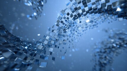 Obraz premium Swirling stream of shimmering square particles flows through abstract blue space