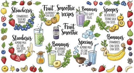 Hand-drawn Fruit Smoothie Recipes with Ingredients and Garnishes.