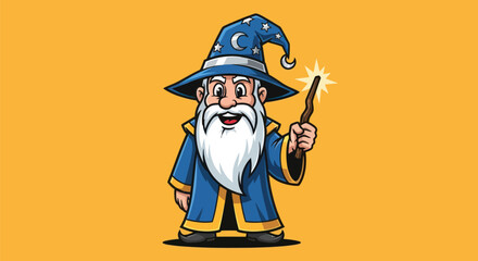 Smiling, cartoon wizard in blue robes and a star-covered hat holding a wand