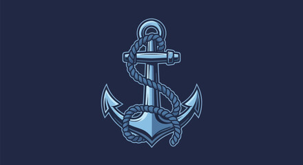 A blue anchor with a coiled rope on a dark background. Vector graphic, nautical theme