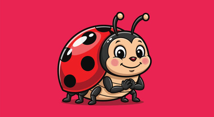 A friendly, cartoon ladybug with a smiling face and a red background