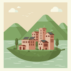 Fototapeta premium Sustainable city on a leaf with solar panels and mountain backdrop.