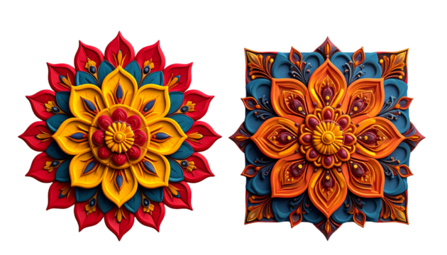 3D Colorful Rangoli Design Duo isolated on transparent background - Powered by Adobe