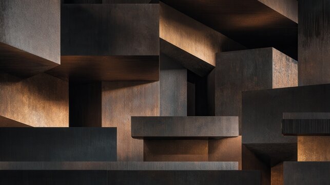 Dark bronze geometric abstract architectural blocks creating dynamic modern surface.