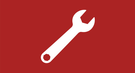 A white wrench silhouette tilted diagonally against a red background