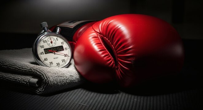 Intense boxing training concept with red gloves and a classic stopwatch resting on a towel in a dark gym setting - Powered by Adobe