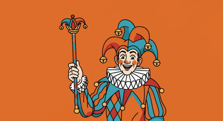Cartoon jester in harlequin attire, holding scepter, smiling against a warm orange background