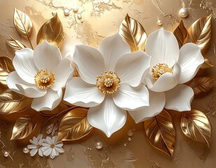 Elegant artistic rendering of three large white magnolia flowers and gold leaves against a marble backdrop with decorative pearl accents