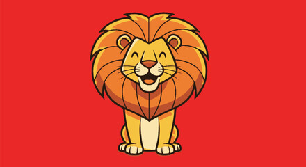 A cheerful cartoon lion smiles wide, set against a red background