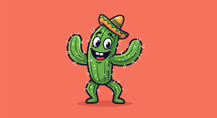 A smiling, animated cactus in a sombrero with arms raised on a coral background