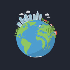 Naklejka premium Globe with buildings, houses and airplane. Travel and urbanization.