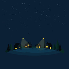 Fototapeta premium Night scene of houses on a hill under a starry sky and streetlights.