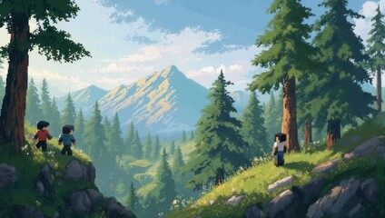 Pixelated adventurers exploring a vast and scenic mountain forest landscape.