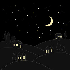 Fototapeta premium Stylized night landscape with houses, moon and stars on dark sky.
