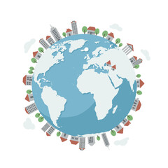 Earth globe with cities and houses. Urban planet concept.