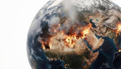 Planet Earth engulfed in flames and smoke symbolizing environmental disaster and global warming.