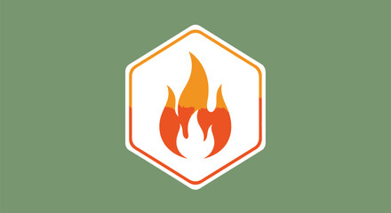 Stylized flame graphic inside a white hexagon with an orange border set on a green backdrop