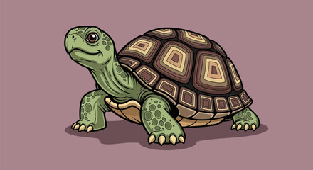Vector illustration of a tortoise, facing left with shell and limbs detailed, on mauve
