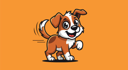 Playful cartoon dog, brown and white, running on an orange background, smiling