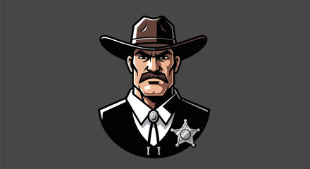 A stern-faced, mustached lawman with a hat and badge, depicted in a stylized illustration