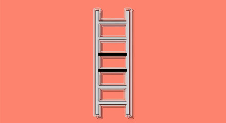 A simplified, stylized illustration of a ladder, set against a coral-colored background
