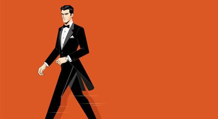 A stylized man in a tuxedo strides confidently against an orange backdrop
