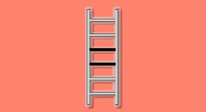 A simplified, stylized illustration of a ladder, set against a coral-colored background
