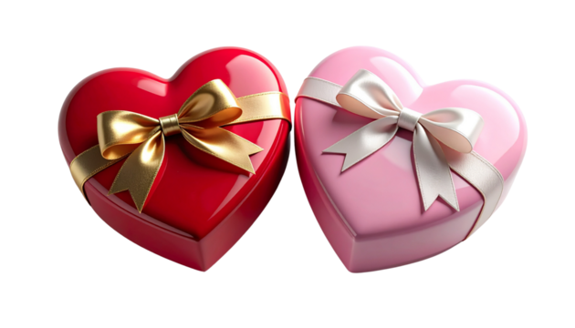 3D Heart-Shaped Chocolate Box Pair with Satin Ribbon isolated on transparent background