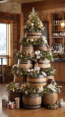 Fototapeta premium A festive Christmas tree crafted from stacked wine barrels stands proudly in a warm winery. Decorated with lights, greens, and ornaments, it captures the holiday spirit beautifully