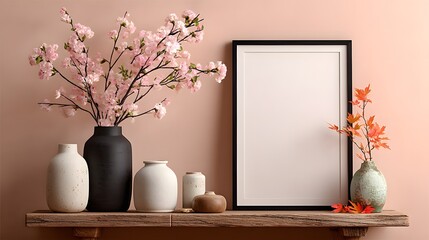 Blank vertical black frame leaning against a soft pink wall, next to two stylish vases with autumn branches on a wooden shelf, perfect for showcasing artwork.
