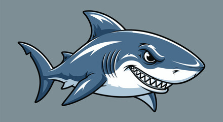 Cartoon illustration of a menacing shark, stylized with shades of blue against a gray background