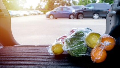 Groceries in plastic bags in the trunk of a car with other vehicles parked in the background on a sunny day