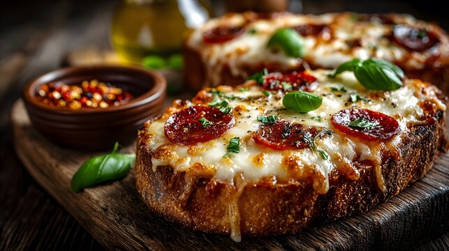 Mouth-watering close-up of homemade pepperoni pizza on thick, toasted bread with bubbling melted mozzarella cheese and fresh basil leaves on a wooden board.